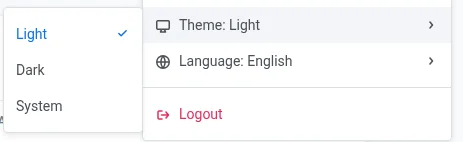 Theme submenu open in the My Account menu from the top bar