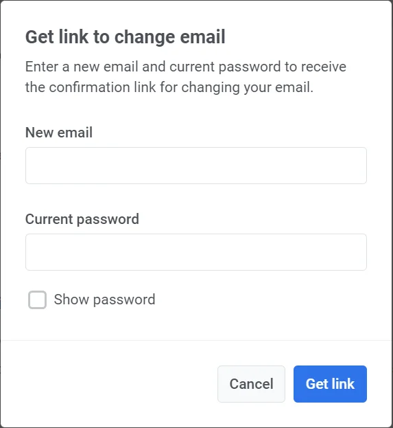 सत्यापन लिंक का अनुरोध करने के लिए नया ईमेल और वर्तमान पासवर्ड दर्ज करें