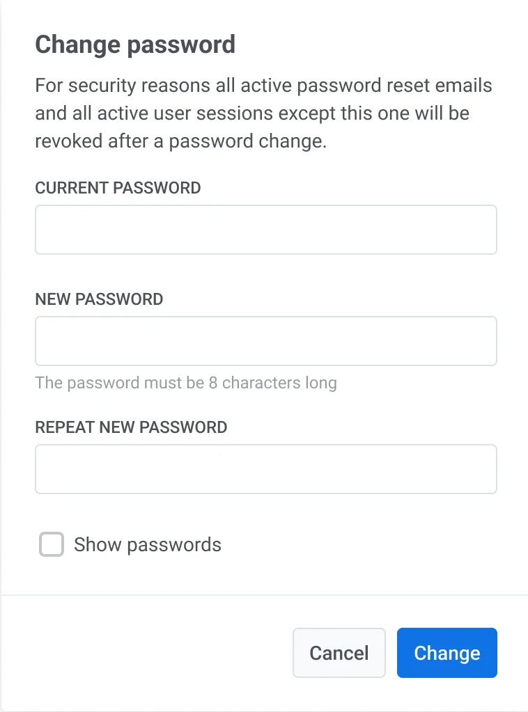 वर्तमान और नए पासवर्ड फ़ील्ड के साथ पासवर्ड बदलने का फ़ॉर्म