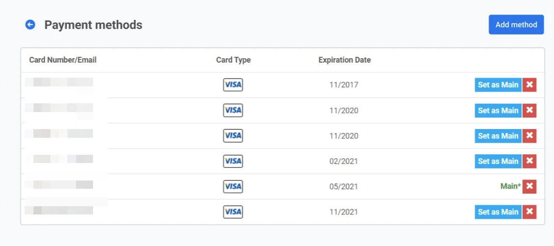 支付方式列表,提供添加、设为主要、删除或更新卡片详情的选项