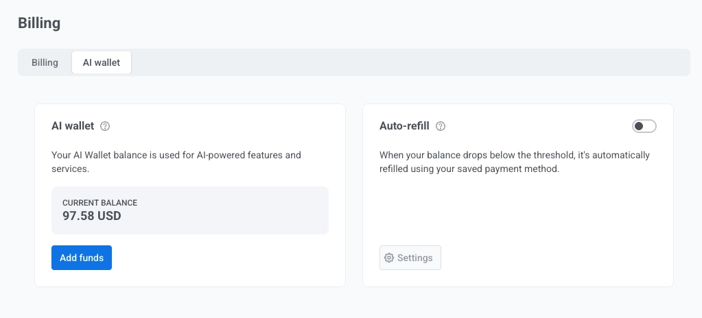 Current Balance card showing available AI wallet balance in Pushwoosh Control Panel