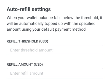 Auto refill settings window with refill threshold, refill amount, and payment method