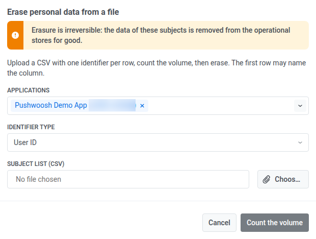 Erase personal data from a file dialog with Applications, Identifier type, and Subject list CSV upload fields.