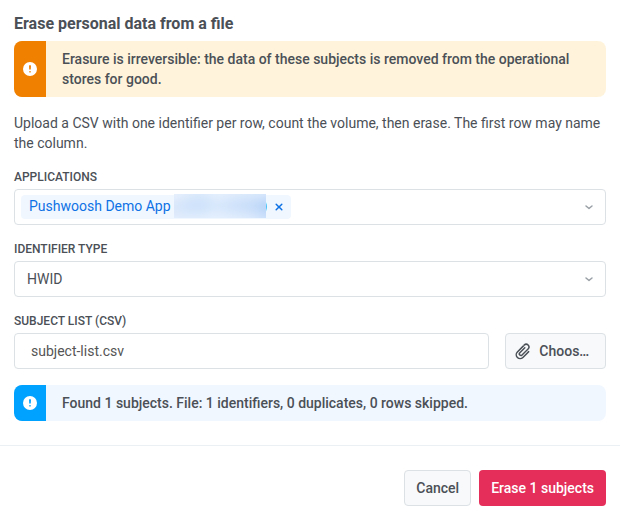 Erase personal data from a file dialog after Count the volume, showing a match count and the enabled Erase N subjects button.
