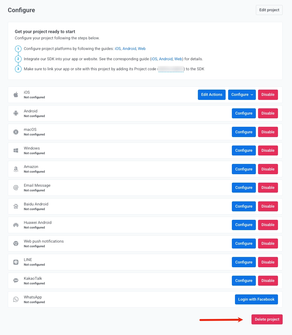 Página Configurar plataformas mostrando o botão Excluir projeto no canto inferior direito