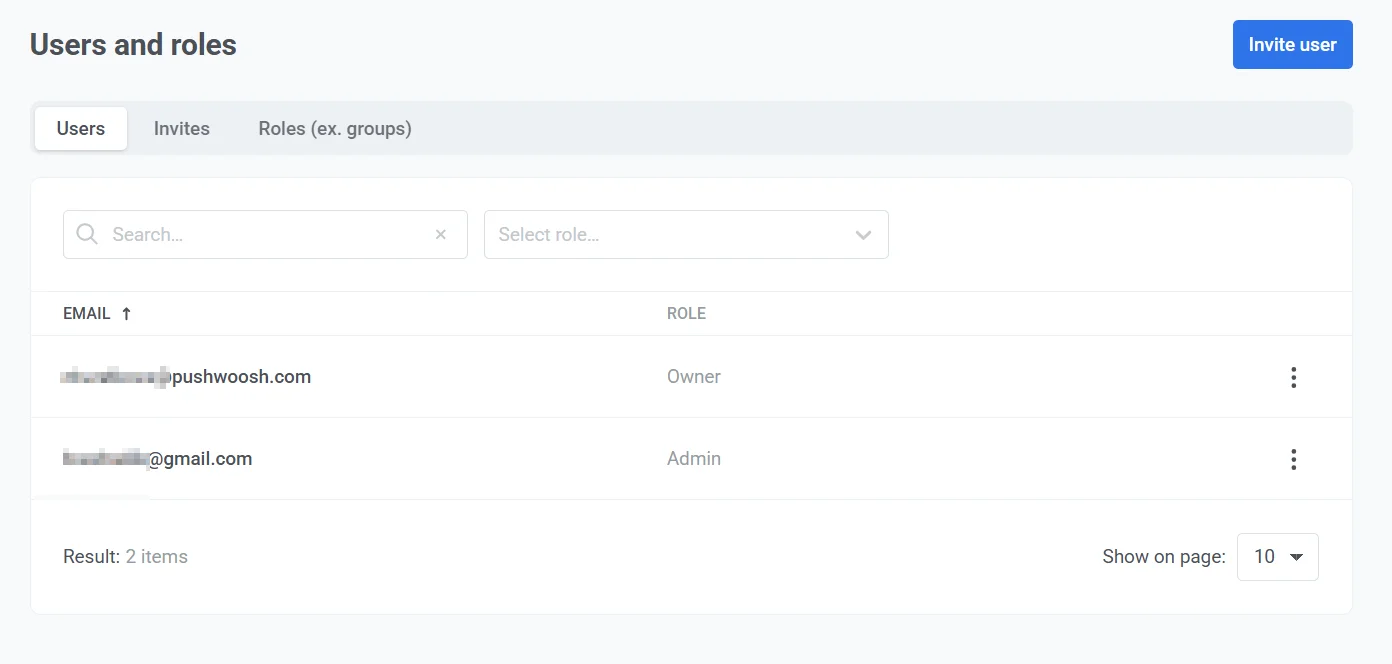Pushwoosh 用户标签页列出团队成员和分配的角色