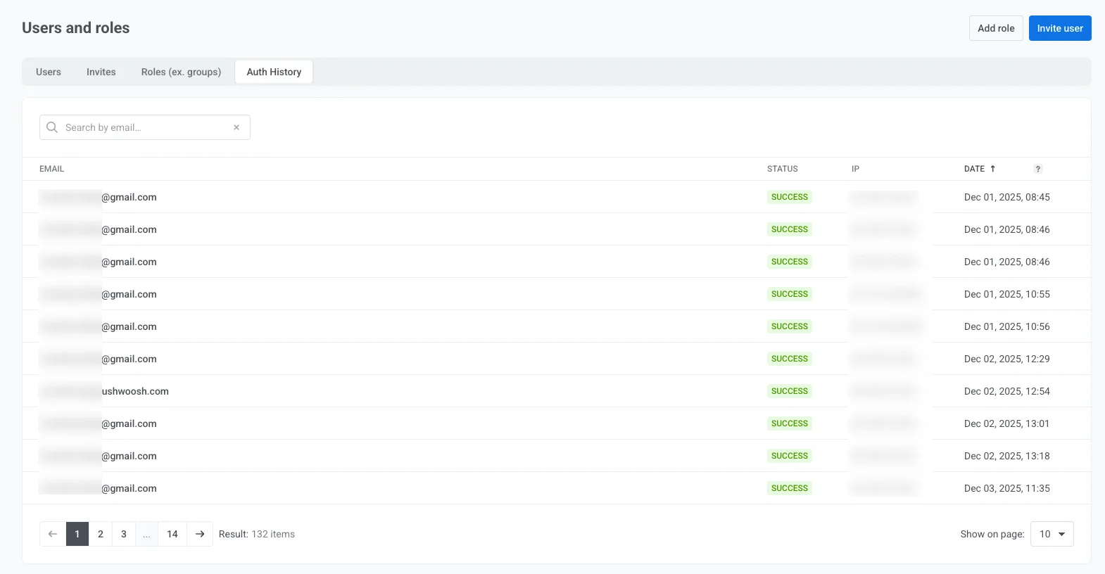 Pushwoosh Auth History tab listing login attempts by email, status, IP, and date
