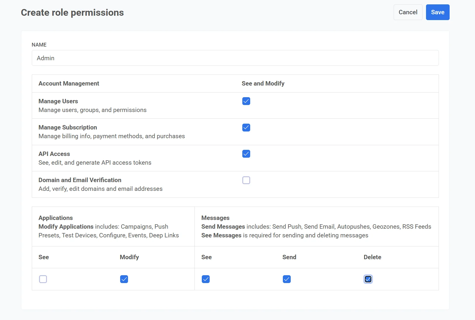 Pushwoosh 角色权限选择复选框