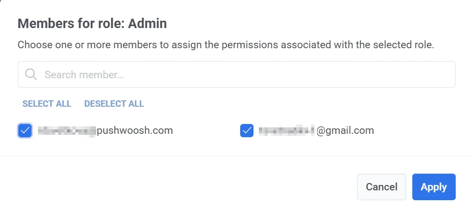 Pushwoosh 管理角色成员模态框