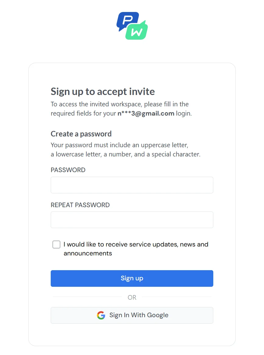 Pushwoosh 注册屏幕以接受工作区邀请