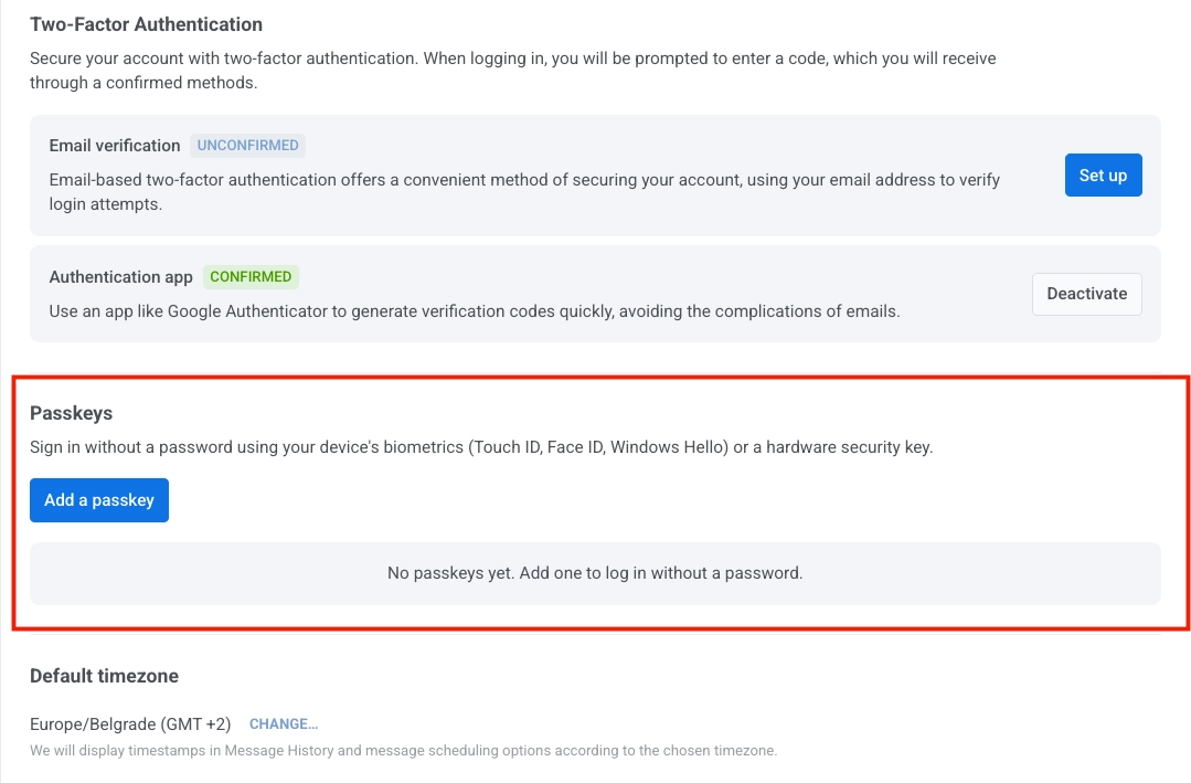 Pushwoosh Account settings page showing the Passkeys section and the Add a passkey button.
