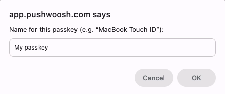 Pushwoosh passkey setup — naming a new passkey in the browser prompt before saving.