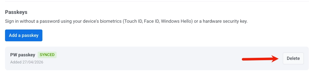 Pushwoosh Account settings page showing the Passkeys list with the Delete action for a saved passkey.