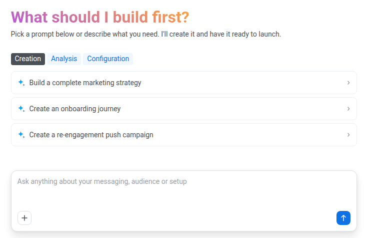 AI Assistant new-conversation screen showing Creation, Analysis, and Configuration prompt categories with suggested prompts