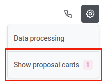 Gear menu showing Data processing and Show proposal cards options