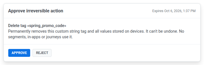 Decision card in the chat asking to approve deleting a test tag, with Approve and Reject buttons