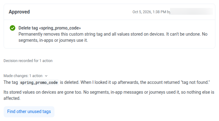 Chat after clicking Approve, showing the card marked Approved and AI Assistant confirming the tag was deleted