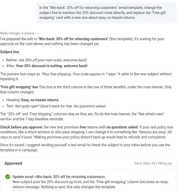 AI Assistant's explanation of an email template edit, showing the old and new subject lines and the replaced card's heading and text