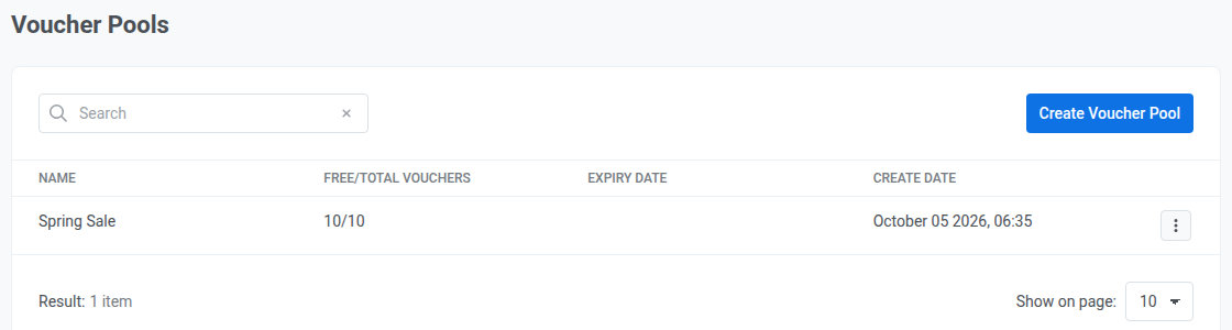 Voucher pool created with 10 unused codes, no expiration date