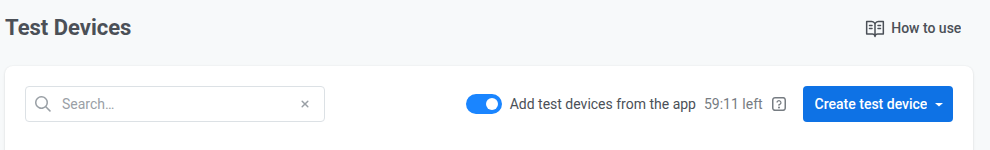 Test Devices page with the "Add test devices from the app" auto-registration window active