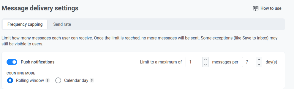 Message delivery settings showing the frequency cap updated to 1 message per 7 days