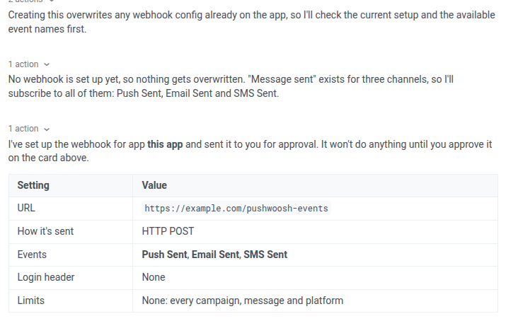 AI Assistant's webhook setup summary: URL, events, auth header, and the overwrite check it ran first