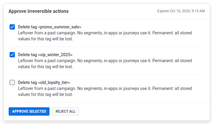 Decision card with three tag deletions, two of them selected, and the Approve selected and Reject all buttons