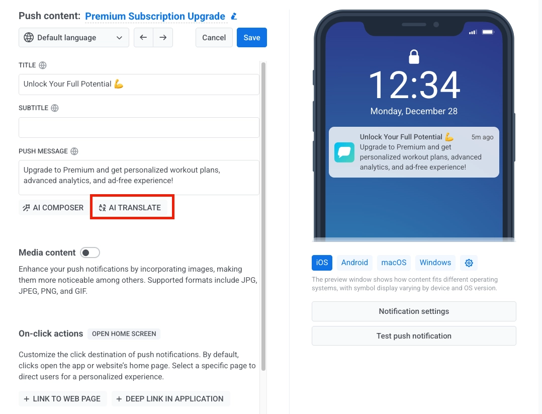 AI Translate button in Push presets editor