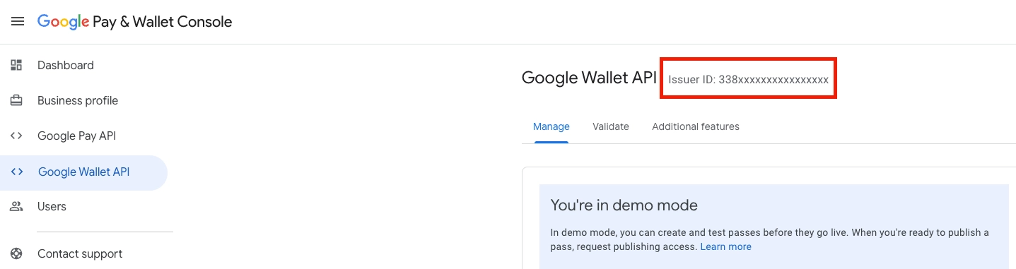 Google Pay and Wallet Console screen showing the numeric Issuer ID after Google Wallet API onboarding