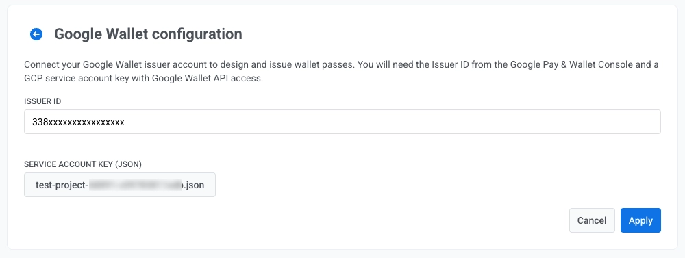 Pushwoosh Configure platforms Google Wallet form with Issuer ID, service account key import, and Apply button