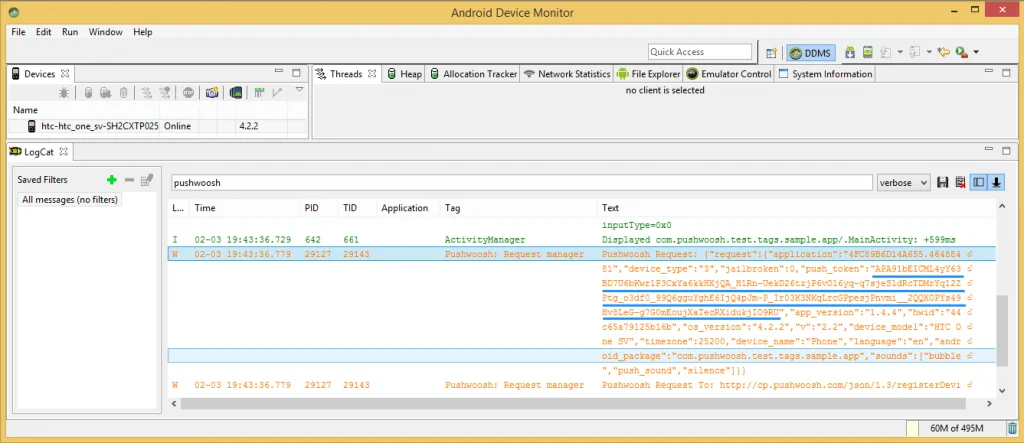 Android Studio에 표시된 푸시 토큰 등록 정보가 있는 logcat 출력을 보여주는 스크린샷