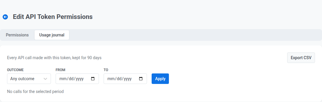 Usage journal tab with outcome and date filters and a CSV export button