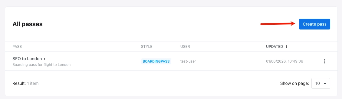 All passes page with Create pass button and table columns for pass name, style, user, and last updated