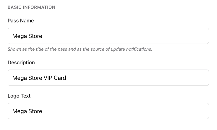 Basic information section with Pass Name, Description, and Logo Text fields