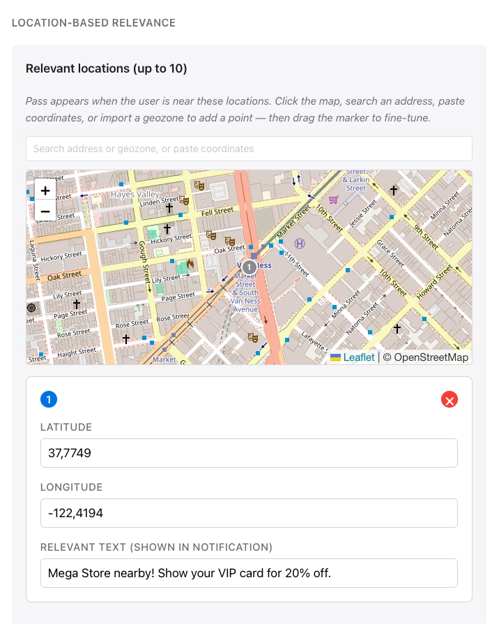 Location-based relevance section with map, location list, lock screen text, and max distance field