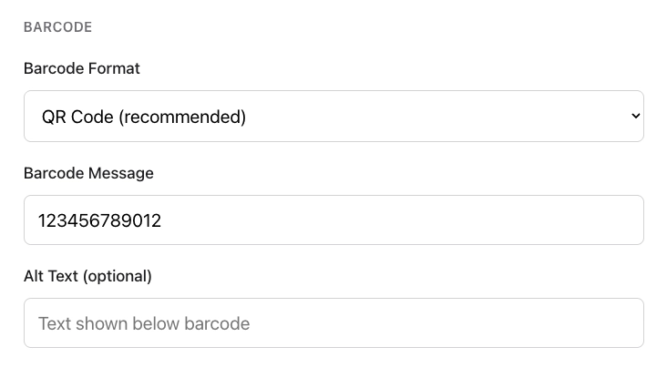 BARCODE section with format dropdown, barcode message field, and optional alt text field