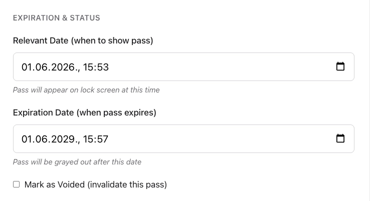 Expiration and status section with relevant date, expiration date, and voided checkbox