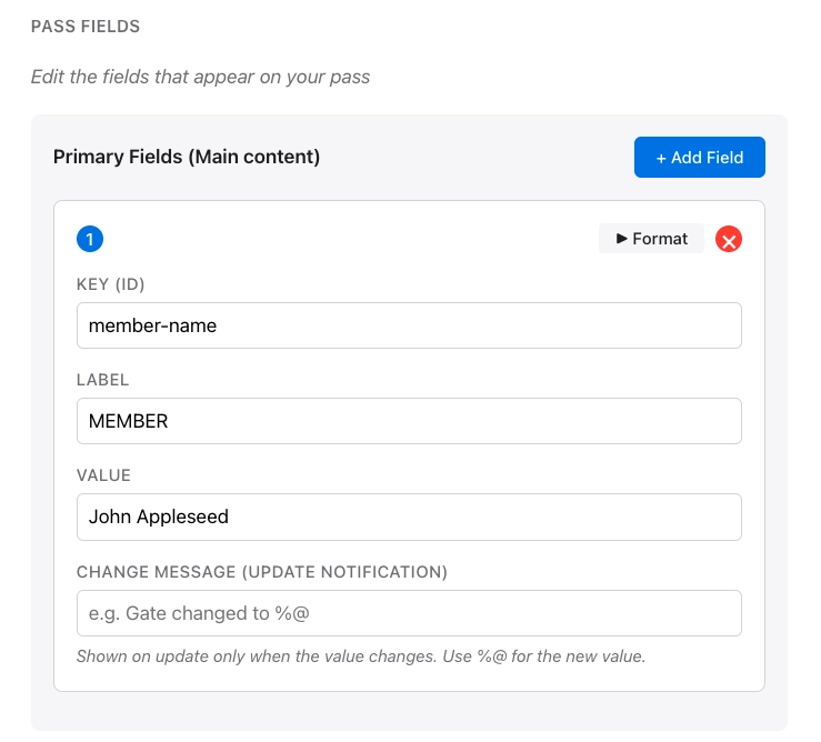 Pass field with Format button and expanded formatting options for value format and text alignment