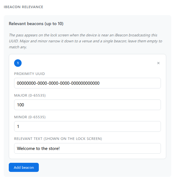 قسم iBeacon Relevance مع إدخال جهاز إرسال يعرض حقول Proximity UUID و Major و Minor و Relevant text