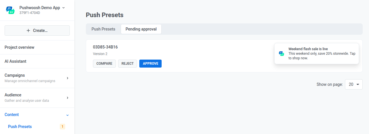 Pending approval tab with a submitted version and Compare, Reject, and Approve buttons, and a badge on the Push Presets menu item