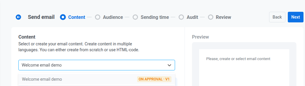 One-time email form Content step showing an On approval template greyed out and unselectable in the dropdown