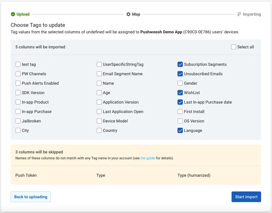 Tag selection interface showing columns to import and Start import button