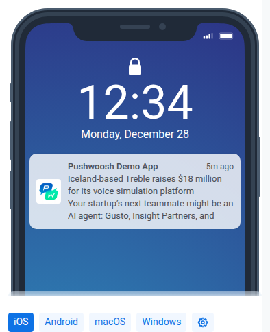 推送预览面板，显示在锁定的 iOS 屏幕上渲染出的带有真实文章行的新闻信息源推送