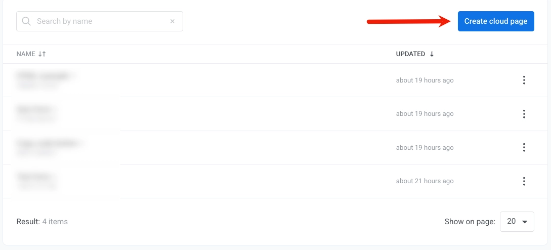 Cloud Pages list view with Create cloud page button and page action menu options