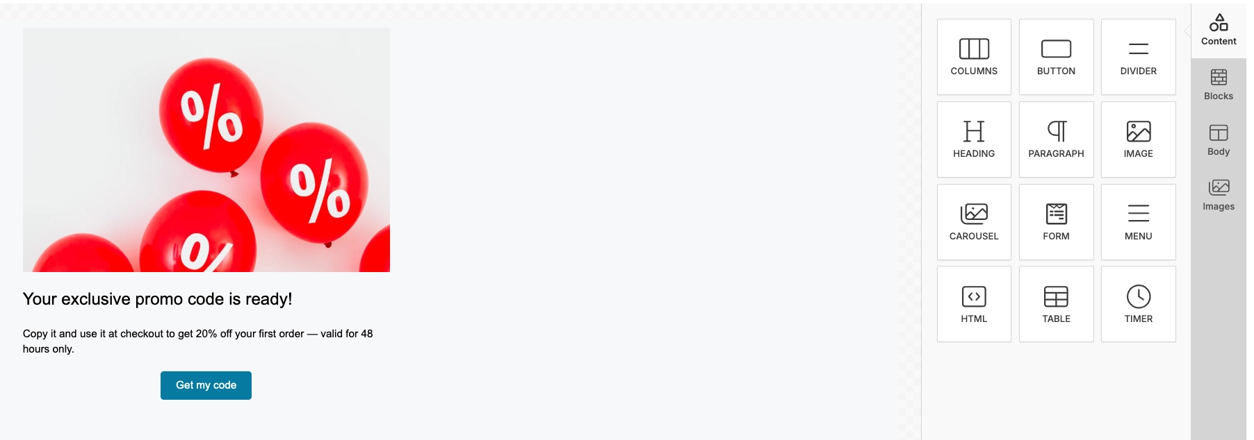 Cloud Page editor with content blocks panel and form layout on the canvas