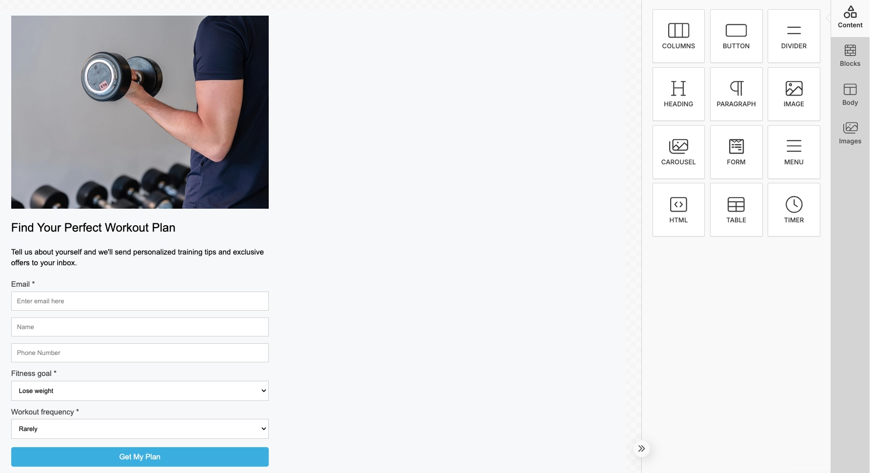 Cloud Page form example with email and phone fields configured in the editor