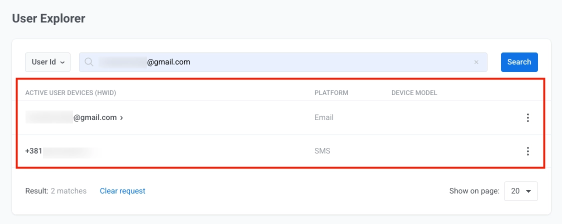 Contact profile in User Explorer showing Email and SMS devices registered after form submission