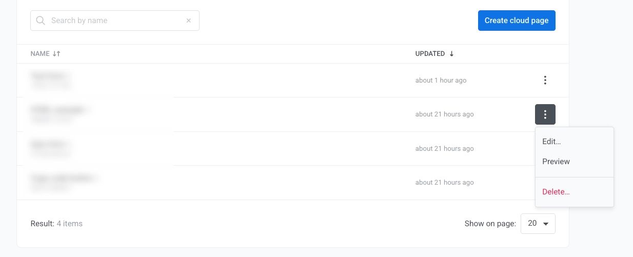 Cloud Pages list with page action menu options for editing and deleting a page