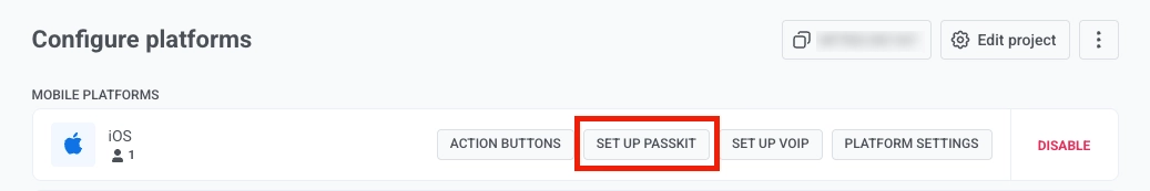 Configure platforms page with iOS row showing SET UP PASSKIT among platform action buttons