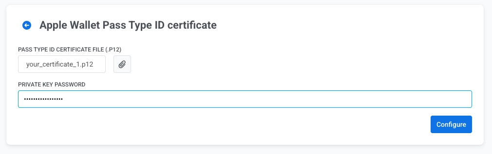 Apple Wallet Pass Type ID certificate form with p12 file upload, private key password field, and Configure button